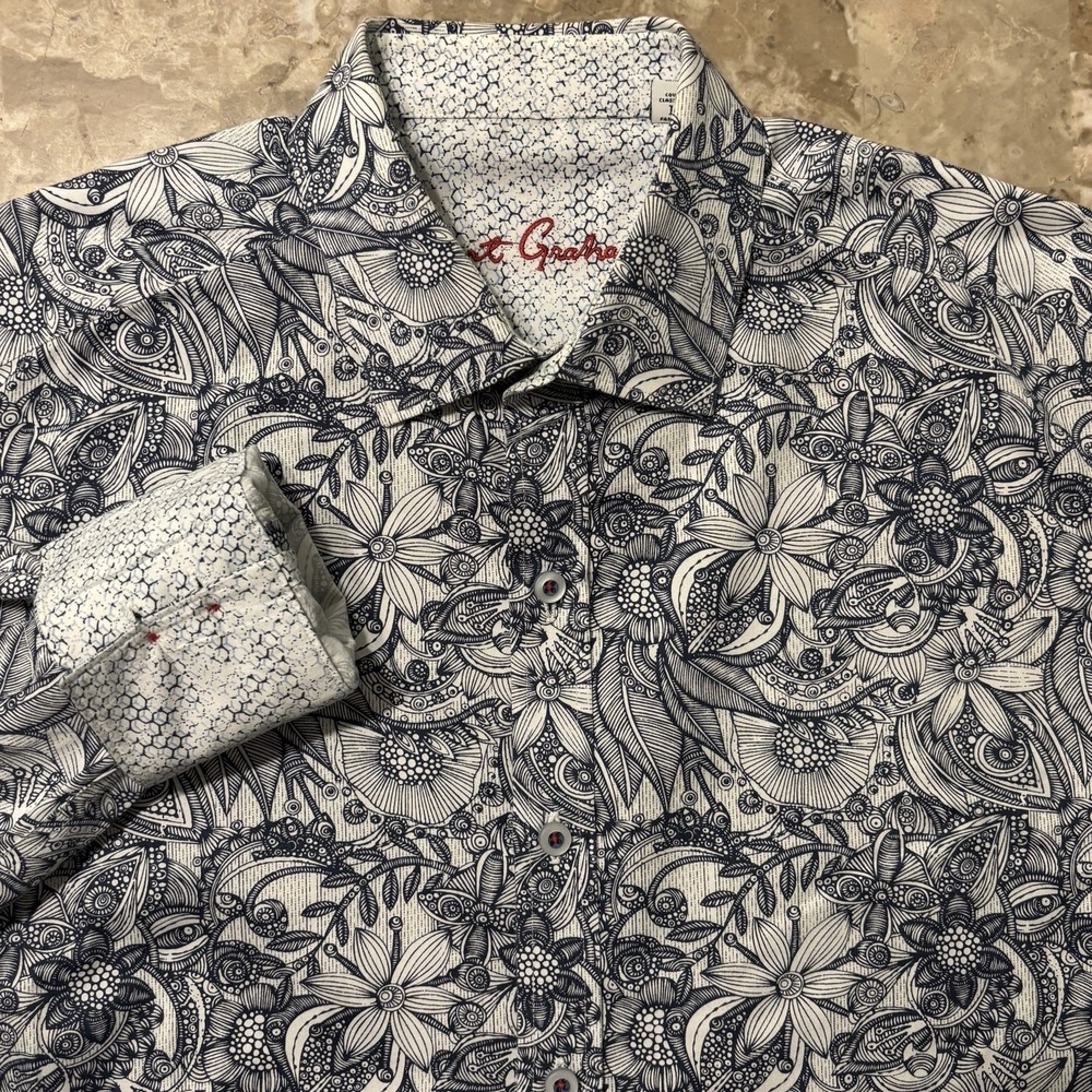Robert Graham Shirt Mens Small Blue Floral Abstract Long Sleeve Flip Cuff